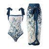 Vacation Couple Outfit Watercolor Leaf Print Bowknot One-piece Swimsuit Cover-up Skirt and Shirt Set - Paon Bleu S | US 4