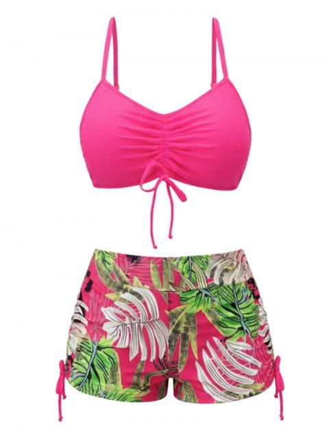 Ensemble maillot de bain bikini de vacances, couleur vive, shorty à imprimé tropical de feuilles de palmier