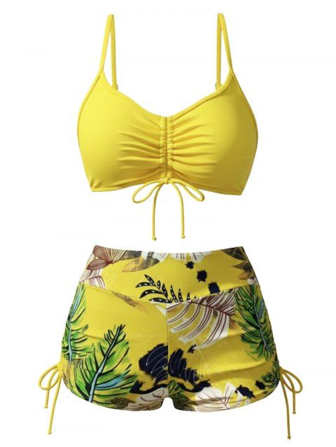 Ensemble maillot de bain bikini de vacances, couleur vive, shorty à imprimé tropical de feuilles de palmier
