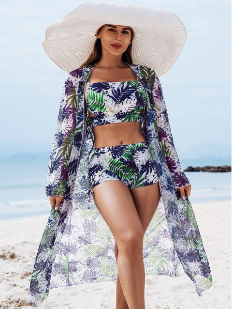 Vacation Three Piece Swimsuit Tropical Palm Leaf Print Cinched Boyshorts and Cover-up Swimwear Set