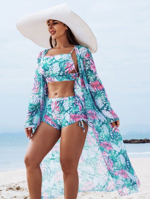 Vacation Three Piece Swimsuit Tropical Palm Leaf Print Cinched Boyshorts and Cover-up Swimwear Set