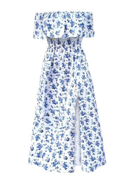 Robe de vacances à imprimé floral discret, épaules dénudées et fente