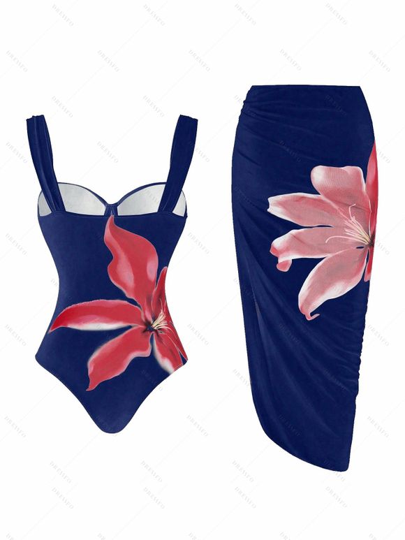 Ensemble maillot de bain de vacances Lily à imprimé floral, maillot de bain une pièce à armatures et jupe moulante - Cadetblue S | US 4