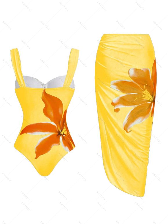 Ensemble maillot de bain de vacances Lily à imprimé floral, maillot de bain une pièce à armatures et jupe moulante - Jaune XL | US 10