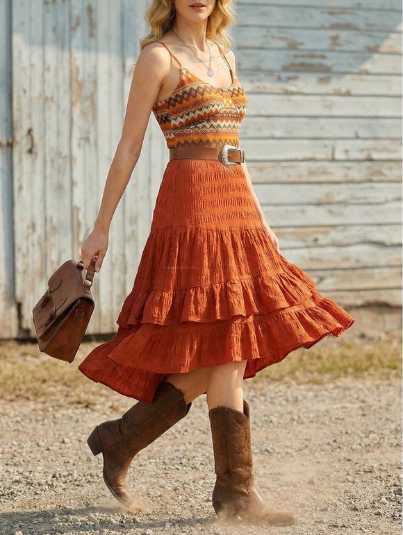 Bohemian Couple Outfit Zig Zag Ethnic Print Layered Dress and Shirt Drawstrings Shorts Set - Orange S | US 4