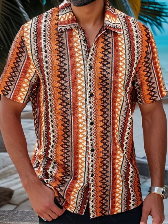 Bohemian Couple Outfit Zig Zag Ethnic Print Layered Dress and Shirt Drawstrings Shorts Set - Orange S | US 4