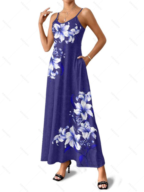 Vacation Couple Outfit Lily Floral Leaf Pattern Pocket Long Dress and Shirt Drawstrings Short Set - Bleu S | US 4