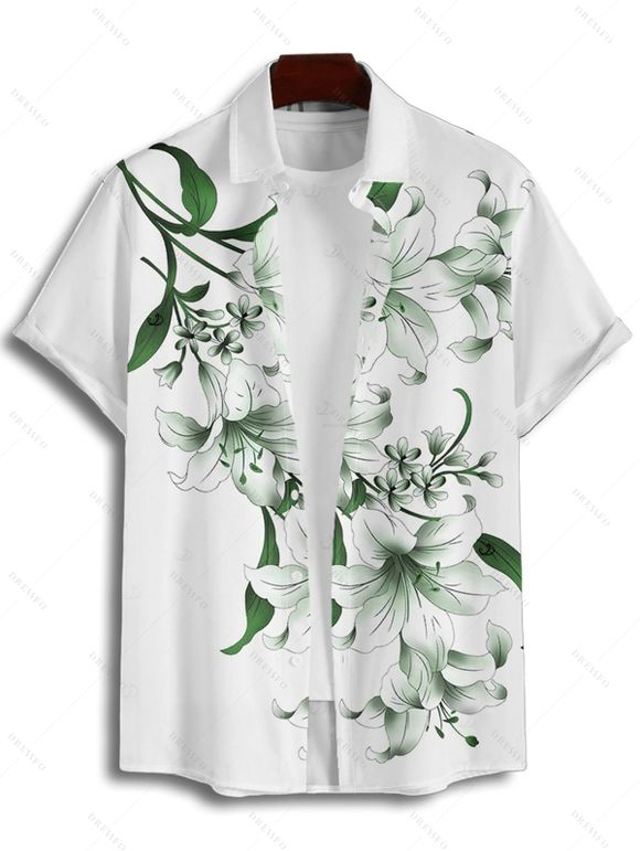 Vacation Couple Outfit Lily Floral Leaf Pattern Pocket Long Dress and Shirt Drawstrings Short Set - PLANT GREEN S | US 4