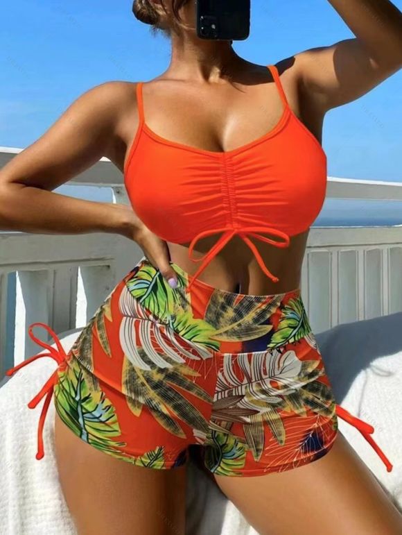 Ensemble maillot de bain bikini de vacances, couleur vive, shorty à imprimé tropical de feuilles de palmier - Orange XL | US 10