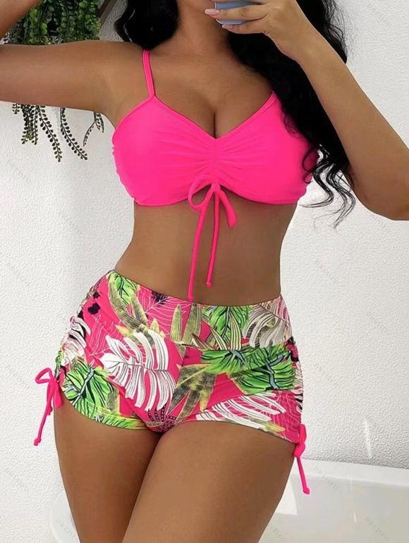 Ensemble maillot de bain bikini de vacances, couleur vive, shorty à imprimé tropical de feuilles de palmier - Rouge Rose XL | US 10
