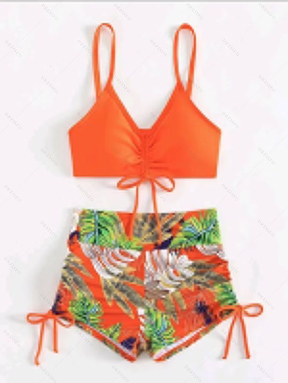Ensemble maillot de bain bikini de vacances, couleur vive, shorty à imprimé tropical de feuilles de palmier - Orange XL | US 10