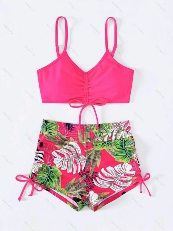 Ensemble maillot de bain bikini de vacances, couleur vive, shorty à imprimé tropical de feuilles de palmier - Rouge Rose XL | US 10