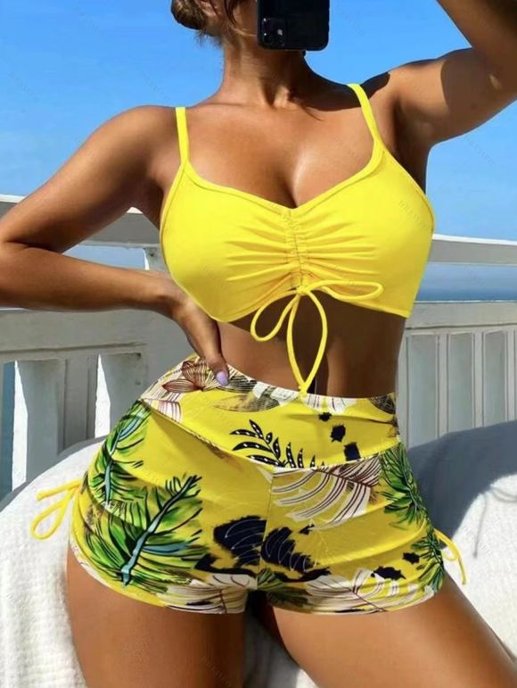 Ensemble maillot de bain bikini de vacances, couleur vive, shorty à imprimé tropical de feuilles de palmier - Jaune XL | US 10