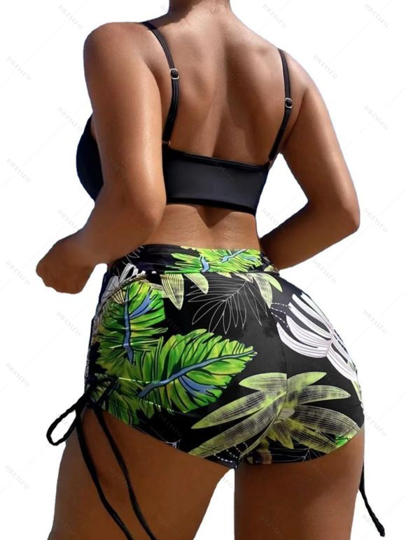 Ensemble maillot de bain bikini de vacances, couleur vive, shorty à imprimé tropical de feuilles de palmier - Noir XL | US 10