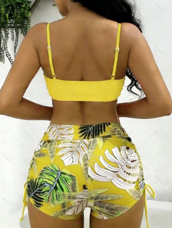 Ensemble maillot de bain bikini de vacances, couleur vive, shorty à imprimé tropical de feuilles de palmier - Jaune XL | US 10