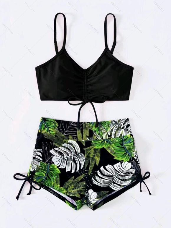 Ensemble maillot de bain bikini de vacances, couleur vive, shorty à imprimé tropical de feuilles de palmier - Noir XL | US 10