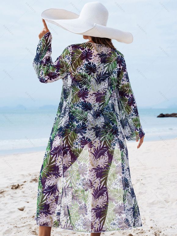 Ensemble de maillot de bain trois pièces pour vacances, imprimé tropical de feuilles de palmier, shorty élastiqué et paréo - Bleu de Minuit S | US 4