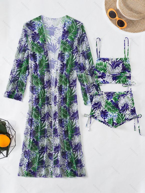 Ensemble de maillot de bain trois pièces pour vacances, imprimé tropical de feuilles de palmier, shorty élastiqué et paréo - Bleu de Minuit S | US 4