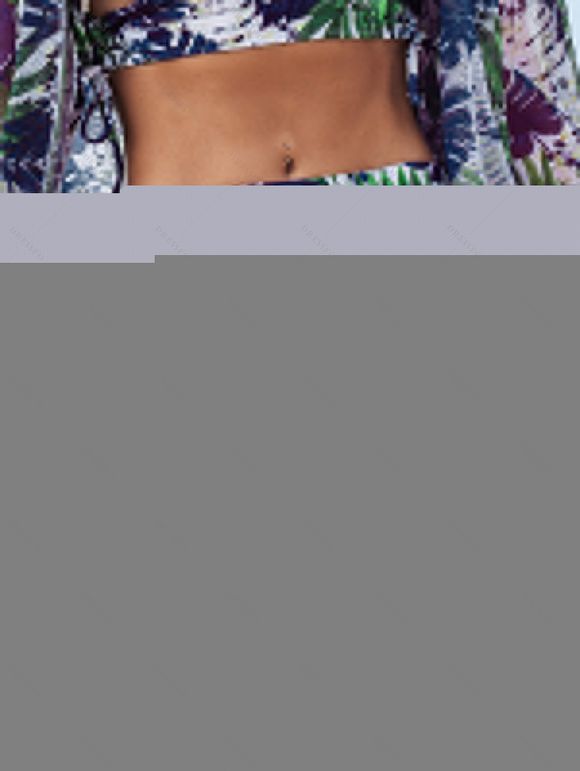 Ensemble de maillot de bain trois pièces pour vacances, imprimé tropical de feuilles de palmier, shorty élastiqué et paréo - Bleu de Minuit S | US 4