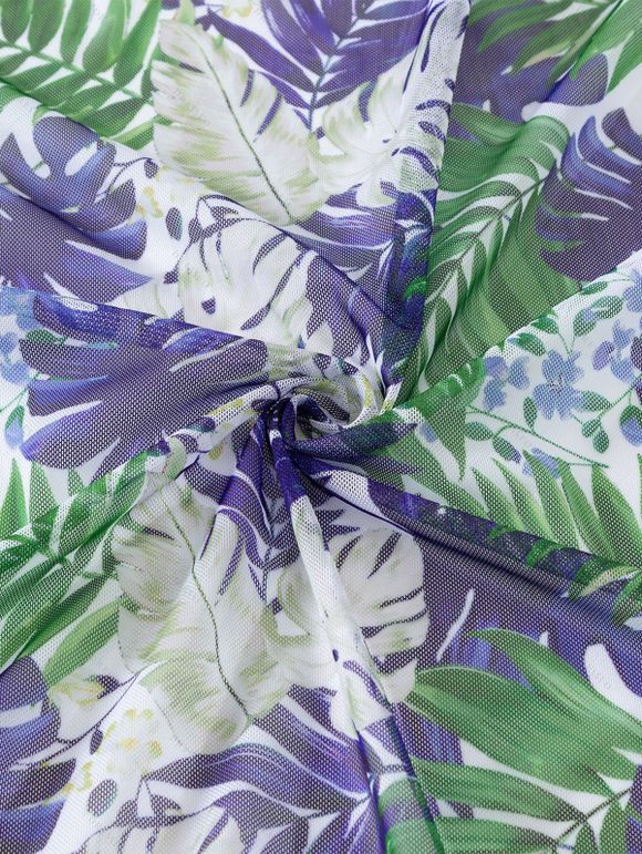 Ensemble de maillot de bain trois pièces pour vacances, imprimé tropical de feuilles de palmier, shorty élastiqué et paréo - Bleu de Minuit S | US 4