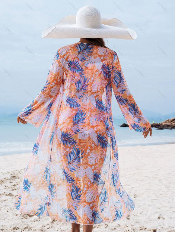 Ensemble de maillot de bain trois pièces pour vacances, imprimé tropical de feuilles de palmier, shorty élastiqué et paréo - orange clair XXL | US 12