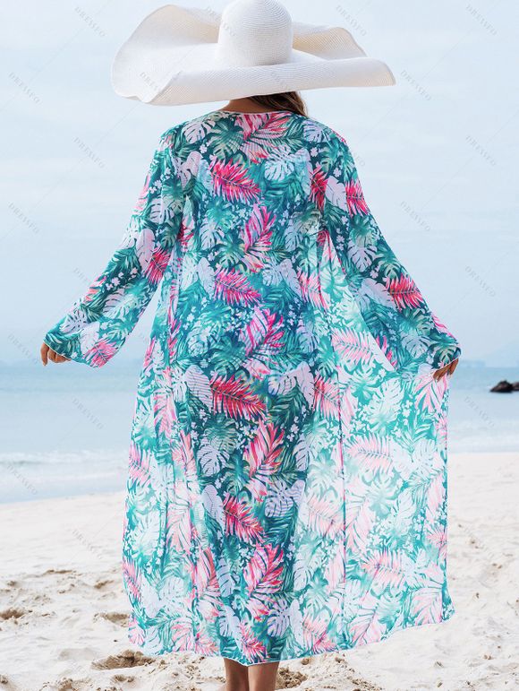 Ensemble de maillot de bain trois pièces pour vacances, imprimé tropical de feuilles de palmier, shorty élastiqué et paréo - Vert clair XXL | US 12