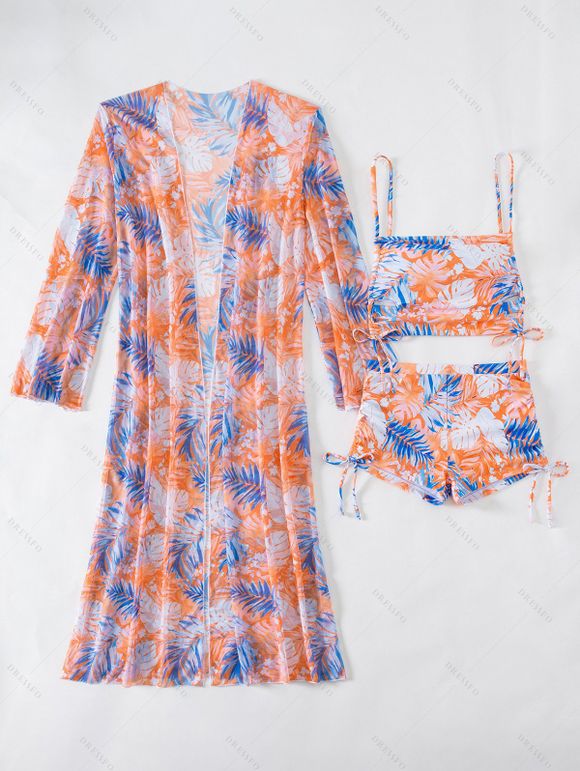 Ensemble de maillot de bain trois pièces pour vacances, imprimé tropical de feuilles de palmier, shorty élastiqué et paréo - orange clair XXL | US 12