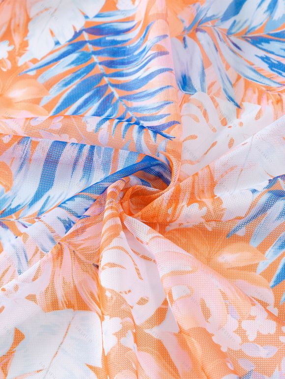 Ensemble de maillot de bain trois pièces pour vacances, imprimé tropical de feuilles de palmier, shorty élastiqué et paréo - orange clair XXL | US 12