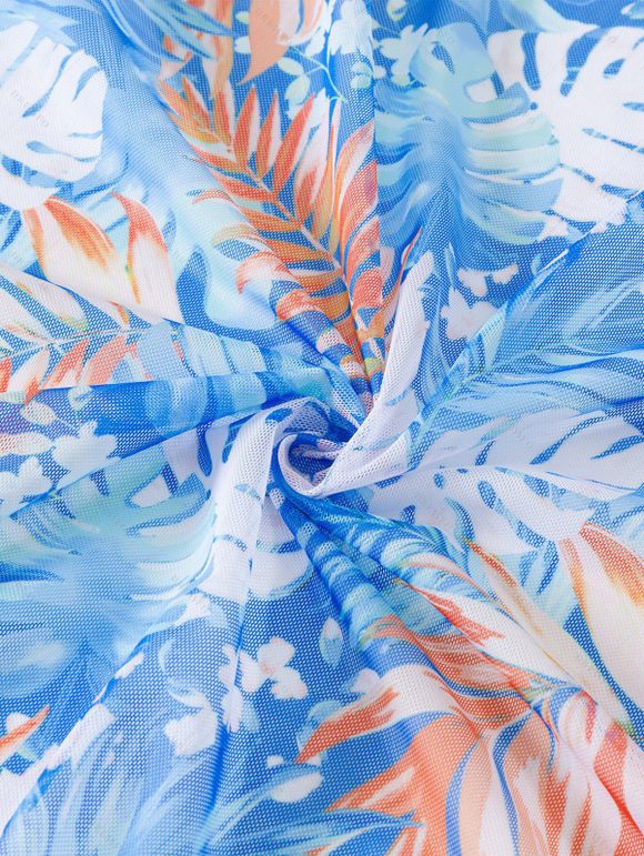 Ensemble de maillot de bain trois pièces pour vacances, imprimé tropical de feuilles de palmier, shorty élastiqué et paréo - Bleu clair XXL | US 12