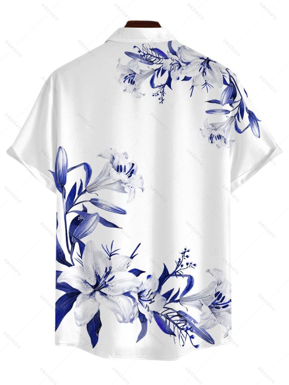 Chemise de vacances pour homme à imprimé floral lys et feuilles, boutonnée - Bleu Marine 5XL