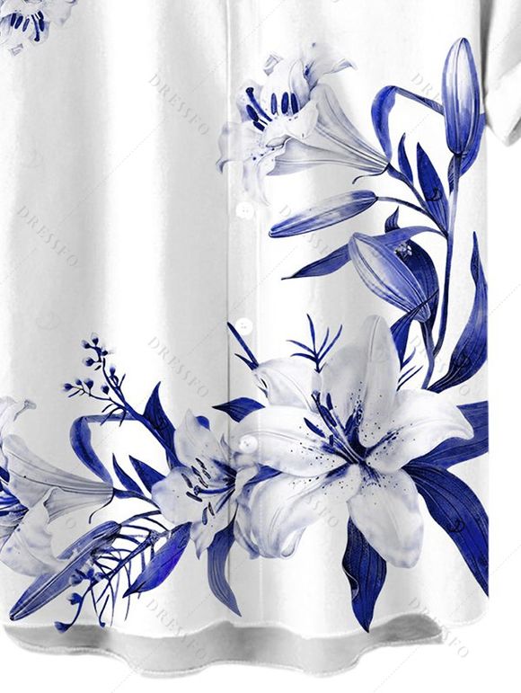 Chemise de vacances pour homme à imprimé floral lys et feuilles, boutonnée - Bleu Marine 5XL