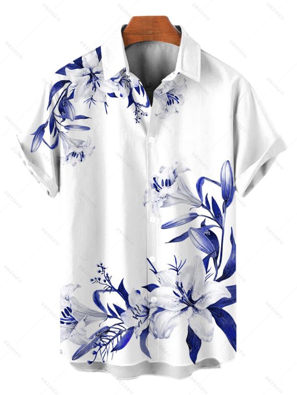 Vacation Couple Outfit Lily Floral Leaf Print Spaghetti Strap Dress and Shirt Set - Bleu Marine S | US 4