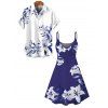 Vacation Couple Outfit Lily Floral Leaf Print Spaghetti Strap Dress and Shirt Set - Bleu Marine S | US 4