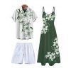 Vacation Couple Outfit Lily Floral Leaf Pattern Pocket Long Dress and Shirt Drawstrings Short Set - PLANT GREEN S | US 4