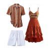 Bohemian Couple Outfit Zig Zag Ethnic Print Layered Dress and Shirt Drawstrings Shorts Set - Orange S | US 4