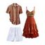 Bohemian Couple Outfit Zig Zag Ethnic Print Layered Dress and Shirt Drawstrings Shorts Set - Orange S | US 4