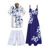 Vacation Couple Outfit Lily Floral Leaf Pattern Pocket Long Dress and Shirt Drawstrings Short Set - Bleu S | US 4
