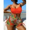 Ensemble maillot de bain bikini de vacances, couleur vive, shorty à imprimé tropical de feuilles de palmier - Orange XL | US 10