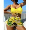 Ensemble maillot de bain bikini de vacances, couleur vive, shorty à imprimé tropical de feuilles de palmier - Jaune XL | US 10