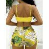 Ensemble maillot de bain bikini de vacances, couleur vive, shorty à imprimé tropical de feuilles de palmier - Jaune XL | US 10