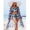 Ensemble de maillot de bain trois pièces pour vacances, imprimé tropical de feuilles de palmier, shorty élastiqué et paréo - Bleu de Minuit S | US 4