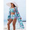Ensemble de maillot de bain trois pièces pour vacances, imprimé tropical de feuilles de palmier, shorty élastiqué et paréo - Vert clair XXL | US 12