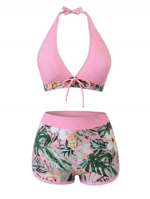 Ensemble de maillot de bain tankini de vacances, imprimé floral hibiscus, nœud papillon, dos nu et shorty