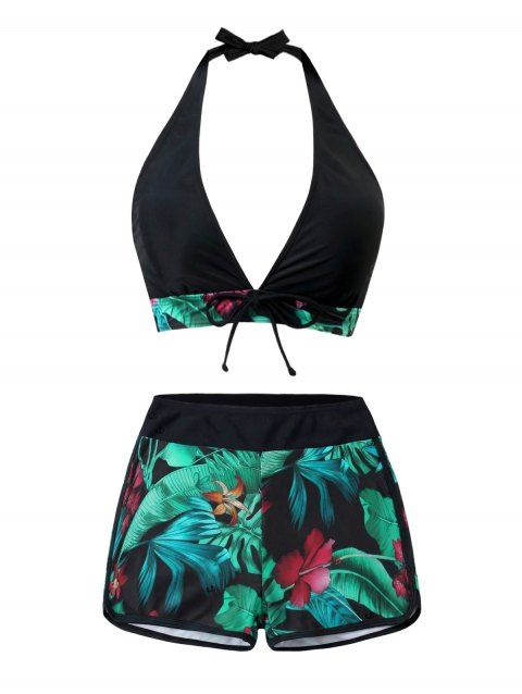 Ensemble de maillot de bain tankini de vacances avec nœud papillon, dos nu, motif floral tropical et feuilles de jungle, shorty