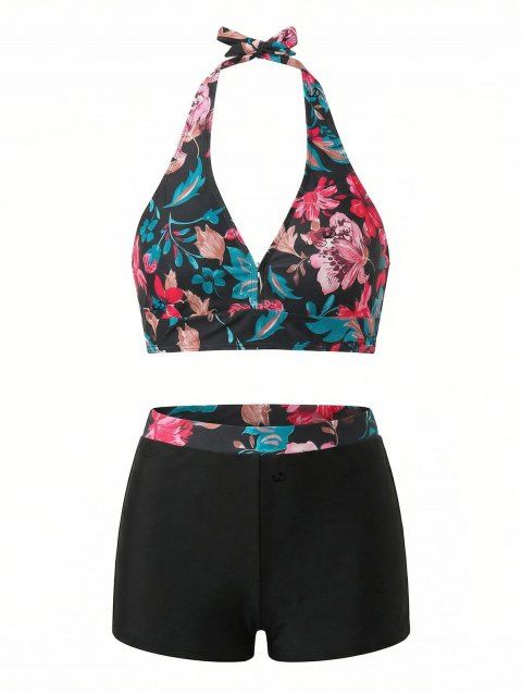 Ensemble de maillot de bain tankini de vacances à imprimé floral rétro et feuilles, style shorty dos nu