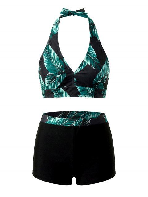 Ensemble de maillot de bain tankini de vacances, imprimé de feuilles tropicales, dos nu et shorty