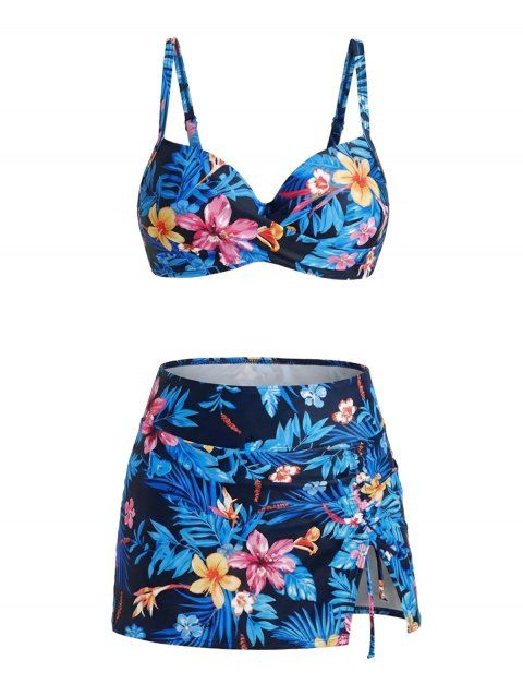 Ensemble de maillots de bain tankini de vacances à imprimé floral hawaïen hibiscus et feuilles, jupe torsadée et froncée