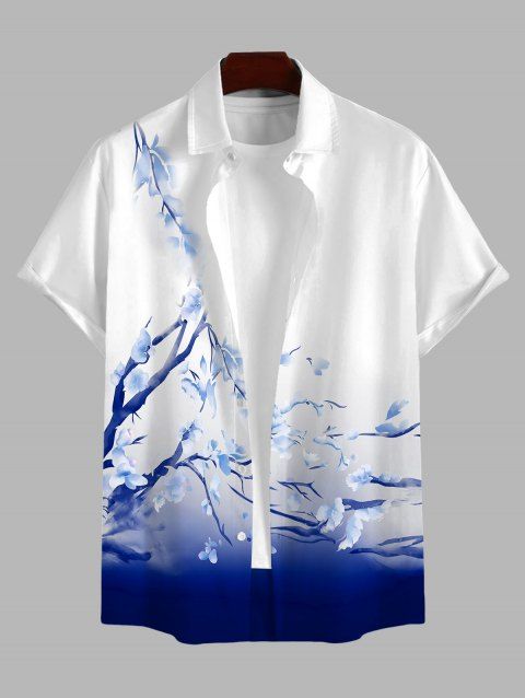 Chemise à manches retroussées pour homme, à imprimé floral, boutonnée, manches courtes, style décontracté.