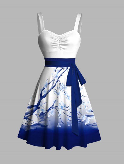 Robe d'été à décolleté cœur, imprimé ombré de fleurs de prunier, buste froncé et ceinture, débardeur