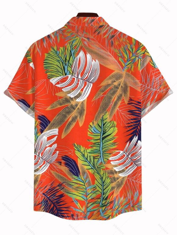 Chemise de vacances pour homme, imprimé tropical à feuilles de palmier, boutonnée - Orange 5XL